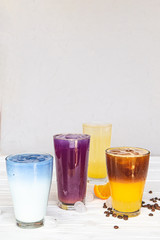quench the summer thirst with the help of rich, colorful refreshing cocktails with fruits, vegetables, coffee, milk plant, which photographed on a white background