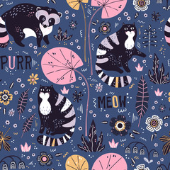 Vector flat hand drawn raccoons and cats with plants and flowers. Seamless pattern.