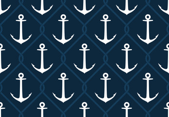 Seamless vector texture white steel ship anchor and intertwined with ropes. Blue background.