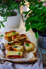 Italian cake with salami, potatoes and provolone.selective focus