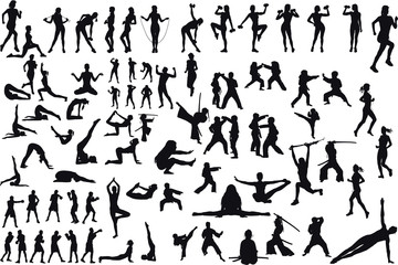 Fototapeta na wymiar A large set of silhouettes from some sports of fitness and martial arts children girls and men isolated on white background