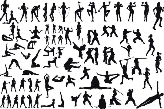 A large set of silhouettes from some sports of fitness and martial arts children girls and men isolated on white background