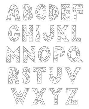 Hand drawn alphabet in ethnic style. Decorative letters with a tribal ornament. Vector doodle illustration.
