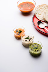 Set Dosa / Oothappam style dosa is a popular south Indian food served with sambar and chutney, selective focus