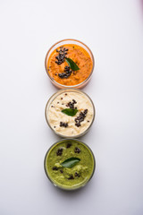 Tricolour or Tiranga Chutney served in bowls, south Indian recipe