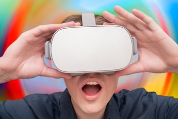 Young man of virtual reality. Innovation and technological advances. Modern technology for business.