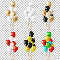 Set of realistic balloons group with gold ribbon, isolated on background