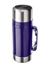 Metal thermos close up, isolate on a white background. Thermos bottle metal on white background isolation.