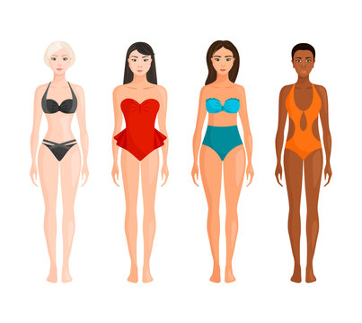 Young women with different body types, skin and hair color. Girls of different races in fashionable swimsuits. Vector illustration in cartoon style. Bodypositive. Diversity.
