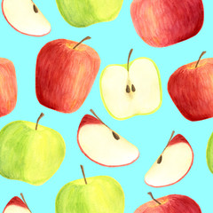 Watercolor apples seamless pattern isolated on blue background. Hand drawn red and green fruits, slices for packaging, menu design, scrapbooking, textile, print, cards, cover, food wrapping