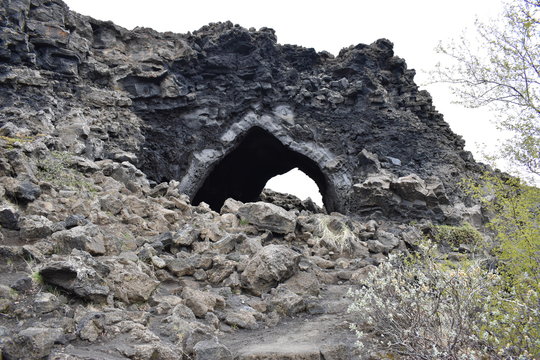 The stony church in the lava field Dimmu Borgir in Myvatn in Iceland