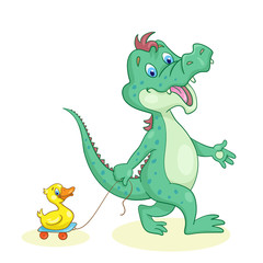 Little fun crocodile goes with a toy duck.  In cartoon style. isolated on white background.