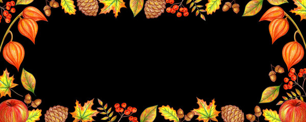 Autumn banner black. Autumn frame of leaves of berries. Illustration of hand drawing.