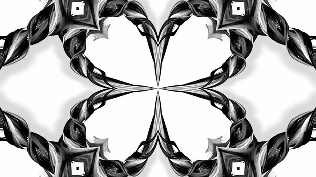 4k loop animation with black and white ribbons are twisted and form complex structures like symmetric ornament pattern or kaleidoscopic effect. Seamless footage with luma matte as alpha channel. 50