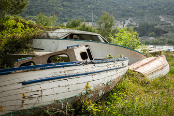 old wooden boat lying in the bushes