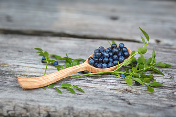 Blueberries are in a wooden spoon on a gray wooden background.