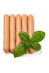 Fresh chicken hot dog sausages, for barbeque or grill, top view, isolated on white background