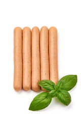 Fresh boiled chicken sausages, for grill, top view, isolated on white background