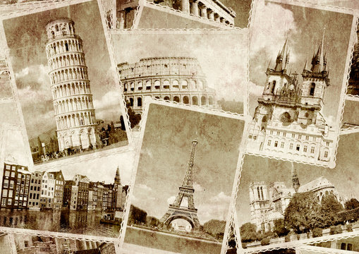 Vintage travel background with retro photos of european landmarks