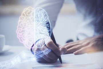 Fototapeta premium Man with multi exposure brain theme icons.