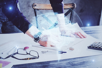 Man with multi exposure brain theme icons.