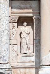 Marble female statue on facade of Celsus Library in Ephesus, Turkey