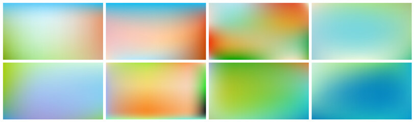 Set of colored backgrounds. Smooth and blurry abstract gradient for product presentation, brochure, flyer, poster, banner. Horizontal vector illustrations.