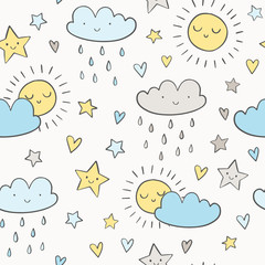 Cute doodle sky vector pattern with smiling sun, clouds, raindrops and stars. Hand drawn weather seamless print. 