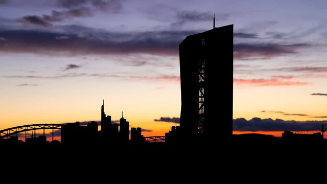 Frankfurt: European Central Bank (ECB) and Cityscape at Twilight, Time Lapse of the Financial Capital of the European Union, Germany