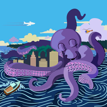 A giant octopus hugging a city creates turbulent waters as a jet airliners flies by, a helicopter looks on and a boat rashes against the waves.