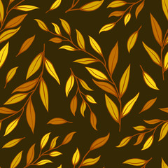 Floral seamless pattern. Autumn leaves and branches on brown background. Simple design for fabrics, wallpapers, textiles, web design.