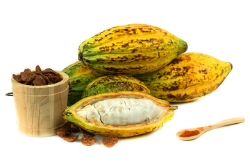 Fresh cacao fruit with cocoa crunch (Products Production from cacao) on white