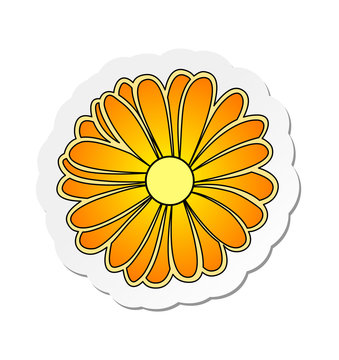 Vector illustration, sticker of yellow marigold flower in flat cartoon style isolated on white background