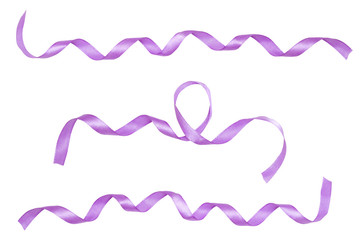 Lilac ribbon smoked curl isolated on white background. The frame of the red ribbon.