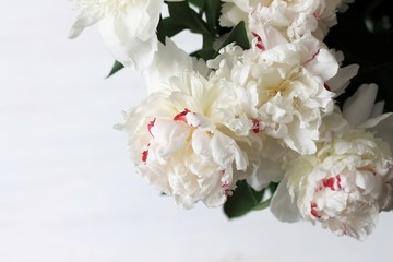 Gentle bouquet of peonies on light wooden background with copy space.
