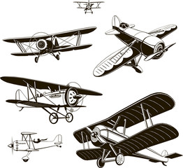 vintage biplanes set vector black old, logo, emblem, label