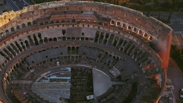 colosseum interior aerial view drone flying sideways