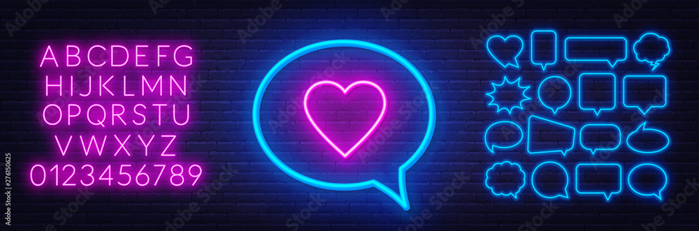 Poster neon sign like in speech bubble frame on dark background. set of neon speech bubbles and the alphabe