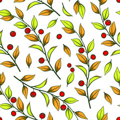 Floral seamless pattern. Vector autumn leaves with branches and red berries. Design for fabrics, wallpapers, textiles, web design. Isolated on white.