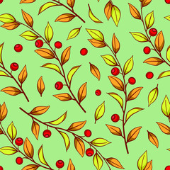 Floral seamless pattern. Vector autumn leaves with branches and red berries on green background. Design for fabrics, wallpapers, textiles, web design.