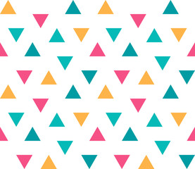 Seamless abstract geometric ornament of colorful triangles on white background. Seamless abstract triangular geometrical pattern. Infinity geometric pattern. Vector illustration.