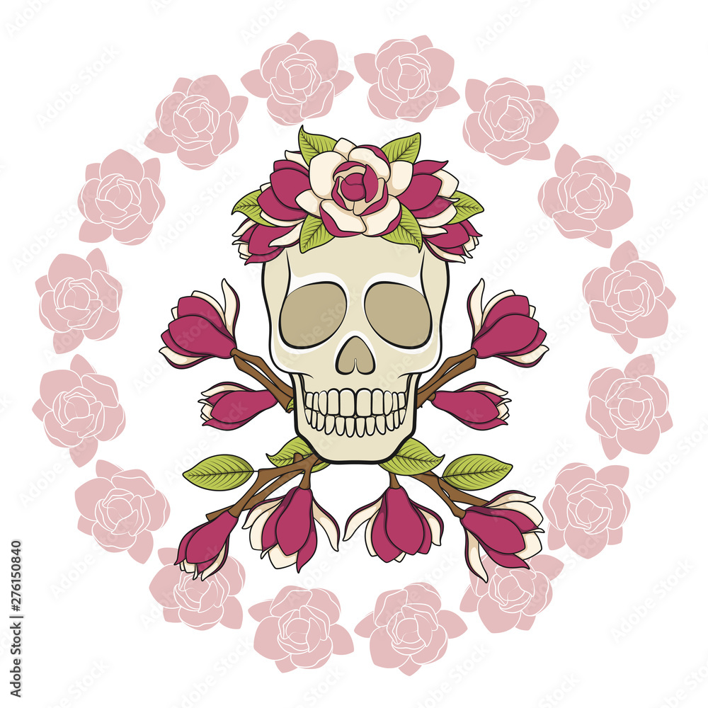 Aufkleber skull in a wreath of magnolia with a frame of flowers. isolated vector objects on white background.