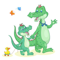 Family of crocodiles. Father and son on a summer walk. In cartoon style. Isolated on white background.