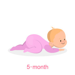 Cute little girl in the pink clothes crawling. Five month