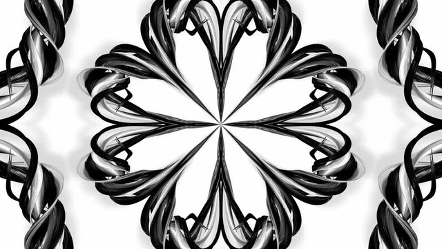 4k loop animation with black and white ribbons are twisted and form complex structures like symmetric ornament pattern or kaleidoscopic effect. Seamless footage with luma matte as alpha channel. 55