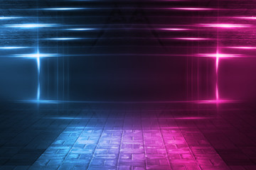 Empty background scene. Dark street reflection on wet asphalt. Rays of neon light in the dark, neon figures, smoke. Background of empty stage show. Abstract dark background.