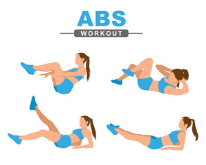 ABS workout. A young woman performs a abs exercise. Fitness, active lifestyle. Isolated on a white background