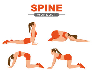 Workout for the spine. A young woman performs a spine exercise. Fitness, active lifestyle. Isolated on a white background