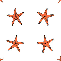  summer seamless pattern of orange red sea starfish on a white background