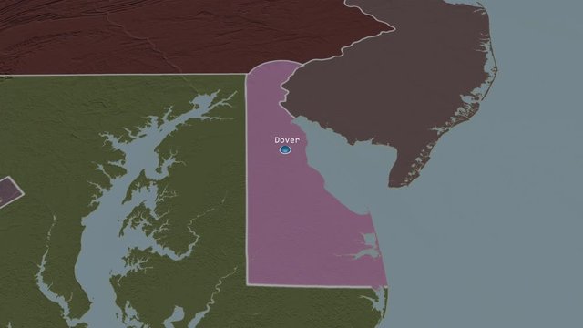 Delaware - state of the United States zoomed on the administrative map of the globe. Animation 3D